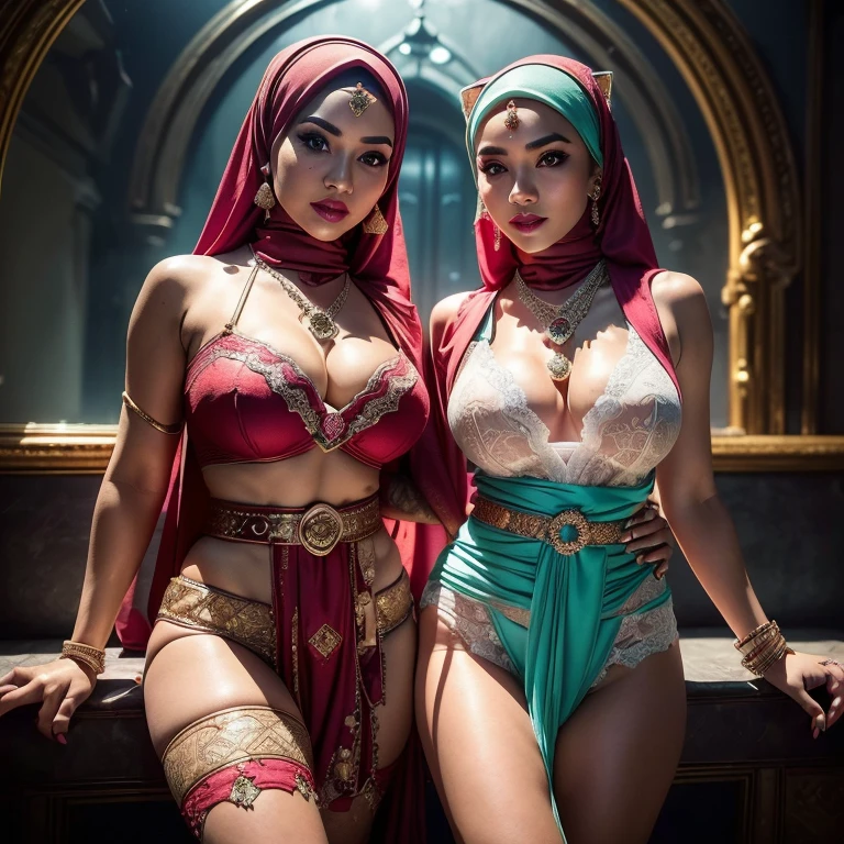 Two:2 Malaysian girls group,malay, The whole body consists of a young girl with hijab, Eye makeup, 21yo, Cat ears, Soft lighting, Solo, Wear shabby clothes, Dirty, Tattered futuristic bikini, Cat's paw badge, Pose, spot color, rendering by octane, Ultra-realistic intricate details, Cinematic, 8K resolution, 70mm, emphasis lighting, Global illumination, Full body portrait, clean detailed faces, Complex clothing, Cute face,  (((wearing a Sexy belt design by LV))) bride very fit physique (38D breast:1.3) , (((Woman with hijab style, hijab prostitute)), (lace stockings), (((Wearing: diamond necklace and earrings))). RAW photo, full sharp, detailed face (high detailed skin:1.2), 8k uhd, dslr, soft lighting, high quality, film grain, Fujifilm XT3, (extremely beautiful face, sexy lips, beautiful red lips, Clear eyes, beautiful eyes), (big green eyes), pretty girl, face forward, intricate detail face, ((ultra detailed skin)) (skin texture, film grain), Detailed beautiful face, natural tpose, natural facial expression, (((Straight breasts))), Surreal full-body figure, Beautiful and delicate body and face, gorgeous figure, ssmile, Titillating，Surreal full-body figure，Beautiful and detailed body and face, Super vista, White skin of the, vivd colour,🔥8k, masterpiece, RAW photo, best quality, (18k detail:1.2), photorealistic, extremely, deep shadow, earrings, bracelets, necklace,