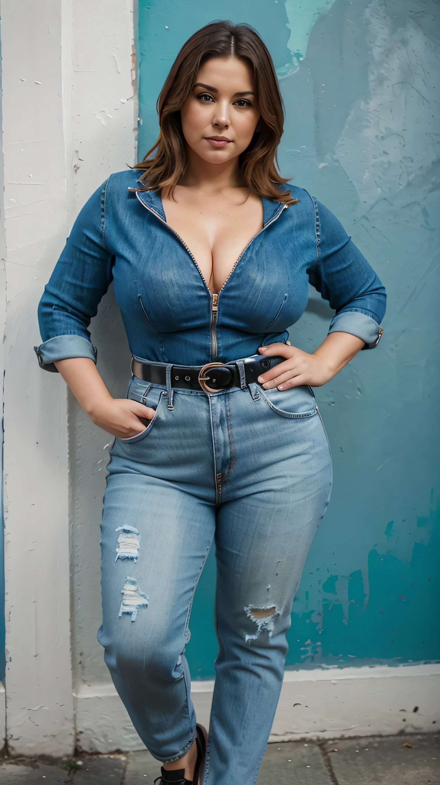 A beautiful and hot almost chubby woman. who is wearing a denim bodysuit with sleeves that is closed with a zipper in the front, along with a belt and a pair of high denim shoes. And he is standing next to a colored wall. handsome face