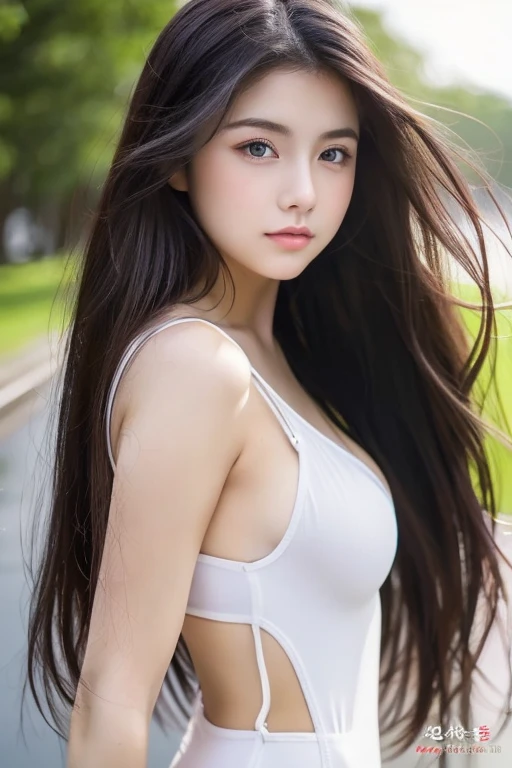 ((Realistic lighting、top-quality、8K、​masterpiece:1.3))、Clear focus:1.2、NSFW:1.2,（nudde:1.2）、((realisitic)) , ((Real Light、top-quality))、Model body type:1.4、(dark brown  hair、tits out:1.2)、dark-brown eyes、length hair、tropical rainforest、(24 year old:1.3)、hyperdetailed face、A detailed eye、二重まぶた、a necklace、Bracelet、Hair over one eye、high-heels、eye line、falls、One hand on the hip