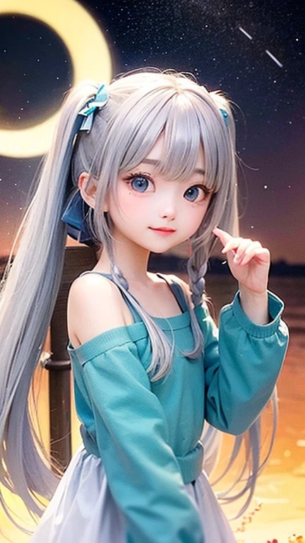 (highest quality, masterpiece), One girl, Twin tails、Pause, particle, Wind, flower, Upper Body, Simple Background, View your viewers, , Milky Way,smile、Turquoise eyes、(Silver Long Hair)、cute、Twin taililky way、Crescent Moon