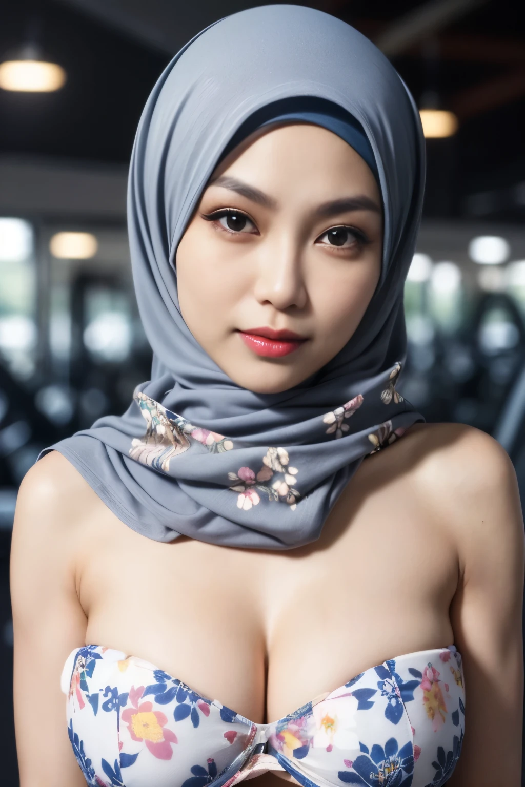 Transparent, ((SHORT HIJAB)), ((Gigantic tits:1)), (dynamic photograph of a 58 year old Indonesian woman), (slim top, cotton panties), (straight non curly hair), (highly detailed face:1.4), (vascular muscles and abs:1.3), (background inside light, bright, private gym:1.1), (8k, uhd, dslr, high quality, cinematic lighting, bokeh), (dramatic, award winning photography, incredible masterpiece:1.3), (((sexy sultry stare at camera:0.8))), ((she is ready to dominate you:0.5)), ((beautiful feminine face)), add_detail:1, ((Colourful strapless floral pattern))