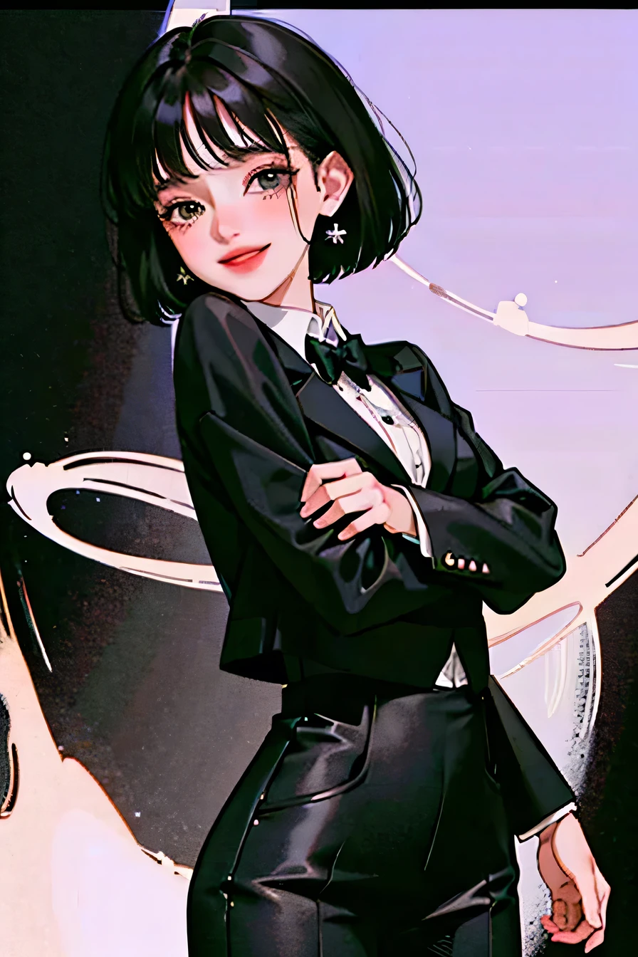 Masterpiece, Best Quality, High Quality, Very Detailed, Cowboy Shot, Front View, 1 Woman, Bangless Parted Hair, Black Short, Black Hair, No Background, Black Background, (Short Hair, Short Hair at the Back, Black Eyes, Small Hair, Very Small Pearl Earrings, Smile Face, Business Suit, Various Poses)