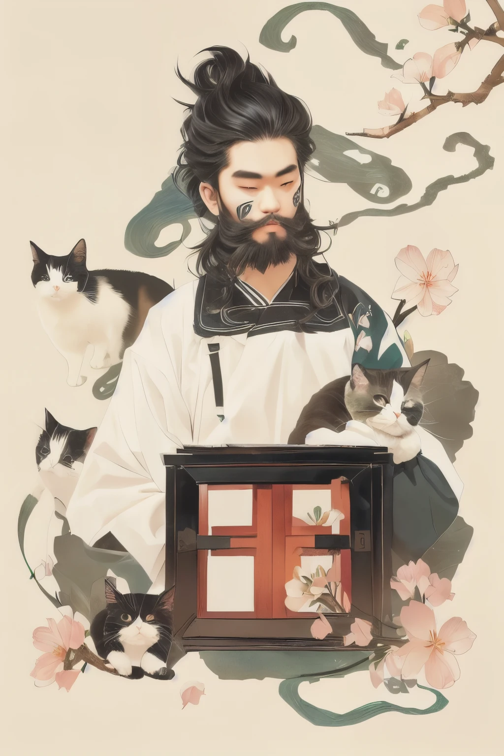 It is a shirt。Wearing black shorts。He has short, mixed white and black hair.、Has a beard。Behind him is a character with a rice ball head。The onigiri character has a green, slender body.。Black and white cat watching。Cherry blossom petals are scattered。The background is a hot spring.。Beautiful girls surround him、Looking at me with envy。