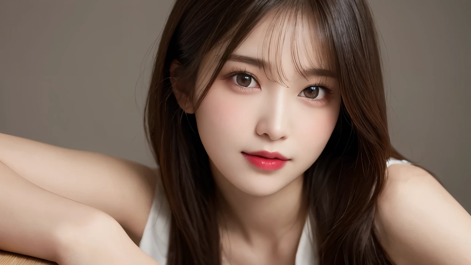 on the table, best quality, shape, Super detailed, Finely, high resolution, 8k wallpaper, 完璧なダイナミックな構shape, Beautiful and delicate eyes, Medium Length Hair, Small Breasts, Natural lipstick, Casual sexy pose,Smile,20 year old girl、midnight、Beautiful and detailed face、Perfect beautiful face,big eyes、original photo、Use the whole body to express female posture、Beautiful and delicate eyes、Small face、Beautiful duplex、Facelift and style,skirt、Beautiful golden ratio face,Long hair