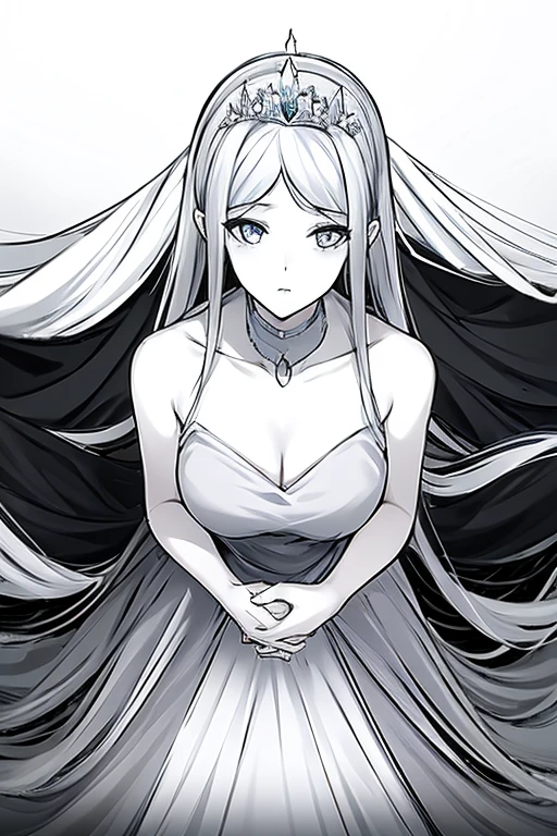 doortoinfinity, masterpiece, best quality, portrait, 1 adult woman, black background with a gray gradient from the bottom, long hair, clothes are a tight dress, white light comes from above, holds her hands behind her head, looks straight at the camera, Style is a black and white sketch image, she wears a tiara and has royal decorations, serious and cold eyes
