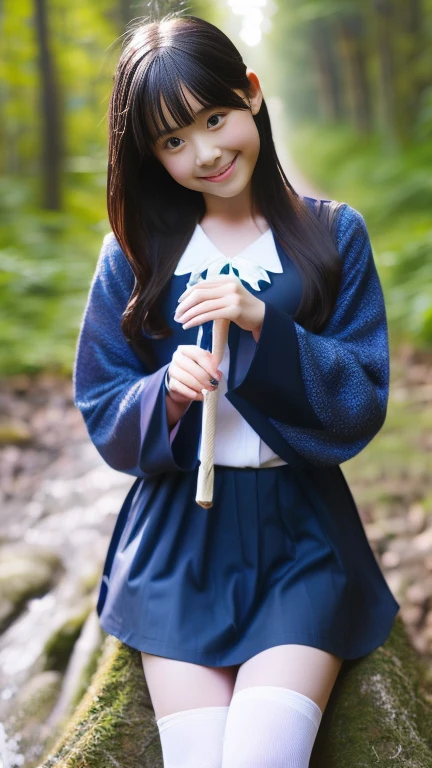 The magician girl、輝くstarのような瞳を持ち、Long silver hair fluttering in the wind。Her skin is as white as moonlight、The robe she wears is a deep blue reminiscent of the night sky.、star々The pattern is scattered。In his hand he holds a staff engraved with ancient runes.、From the tip,、Magical light sparkles。
Down to the kneeicro Mini Skirt。The chest is large。smile。No sleeve。Knee-high socks。The background is a forest