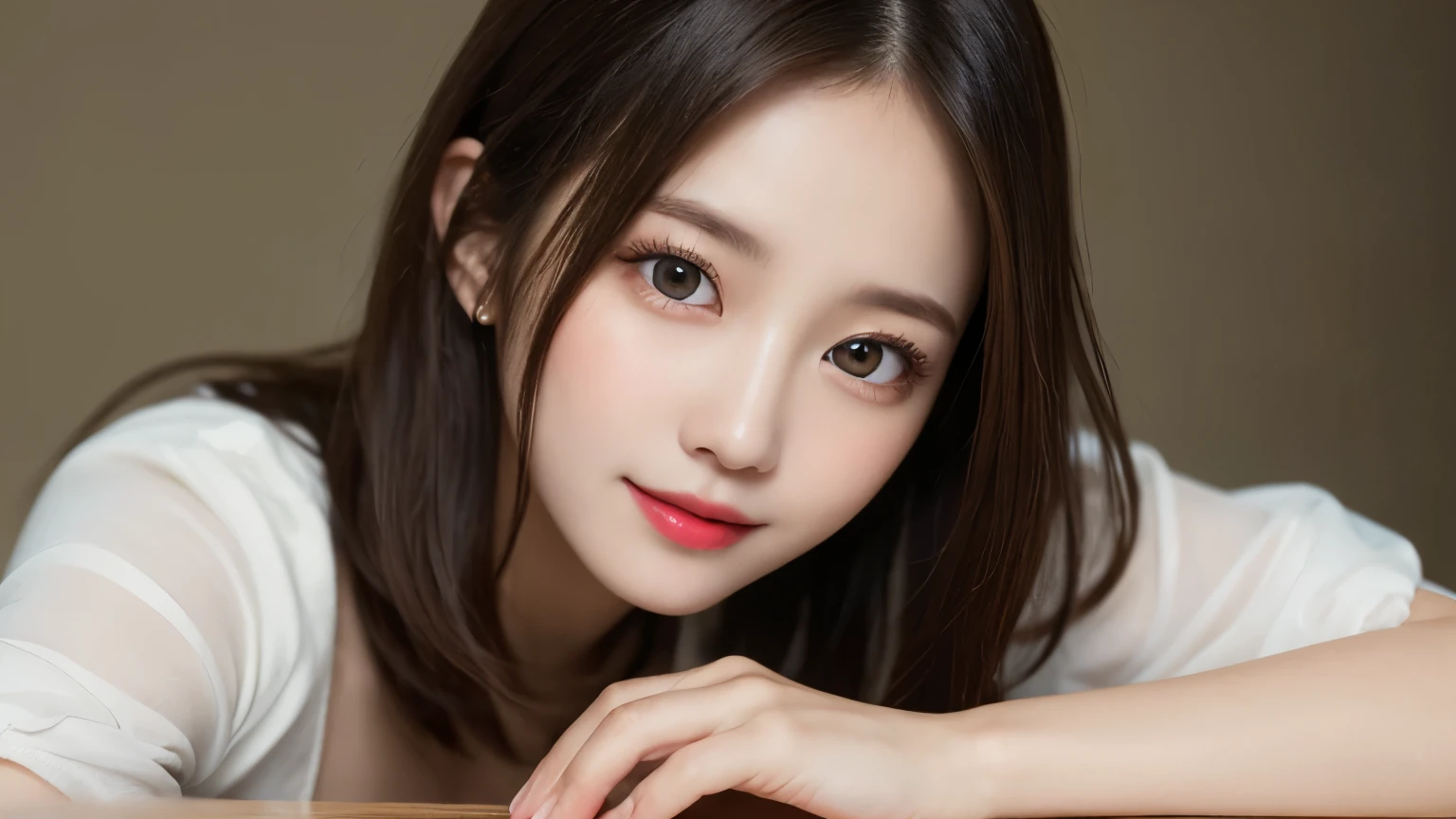 On the table, best quality, shape, Ultra Detailed, Finely, high resolution, 8k wallpaper, 完璧なダイナミックな構shape, Beautiful and delicate eyes, Medium Length Hair, Small Breasts, Natural lipstick, Casual sexy pose,Smile,20 year old girl、midnight、Beautiful and detailed face、Perfect beautiful face,big eyes、original photo、Expressing female posture using the whole body、Beautiful and delicate eyes、Small face、Beautiful duplex、Facelift and style,skirt、Beautiful golden ratio face,Long hair