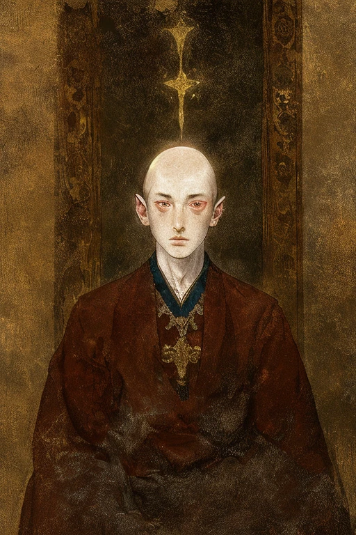 mysterious, fantasy, 1 monk with giant rosary on his chest., beautiful eyes, bald head, sitting in meditation,halo in the back, abstract background