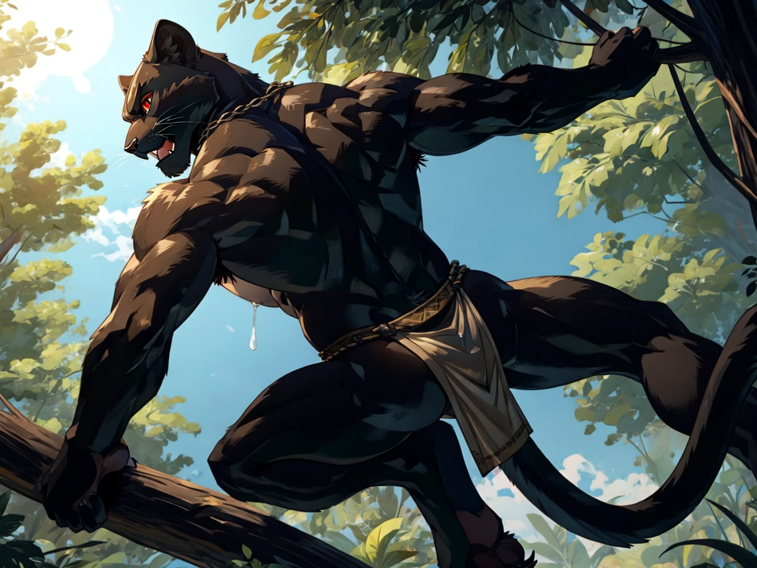 animal、The whole body of an abnormally thin black panther、Wild male black panther、A body with very little abdominal muscle、Angle from the back、Back muscles、The whole body of a black panther facing backwards、black body hair all over、Angry black panther expression、Very thin body、Hairless head、Big yellow and red anime eyes、Very long black pubic hair、Lots of chest hair、Very long armpit hair、A very large amount of drool coming out of the mouth、Sharp Fangs、Black Panther Tail、jungle background、A situation on a tree branch、Hugely bulging crotch loincloth、White loincloth between the legs、Black Panther Claws、Sharp Claws、A composition that captures the whole body、Jumping pose from tree to tree、Pose floating in the air、Ethnic Wooden Necklace、