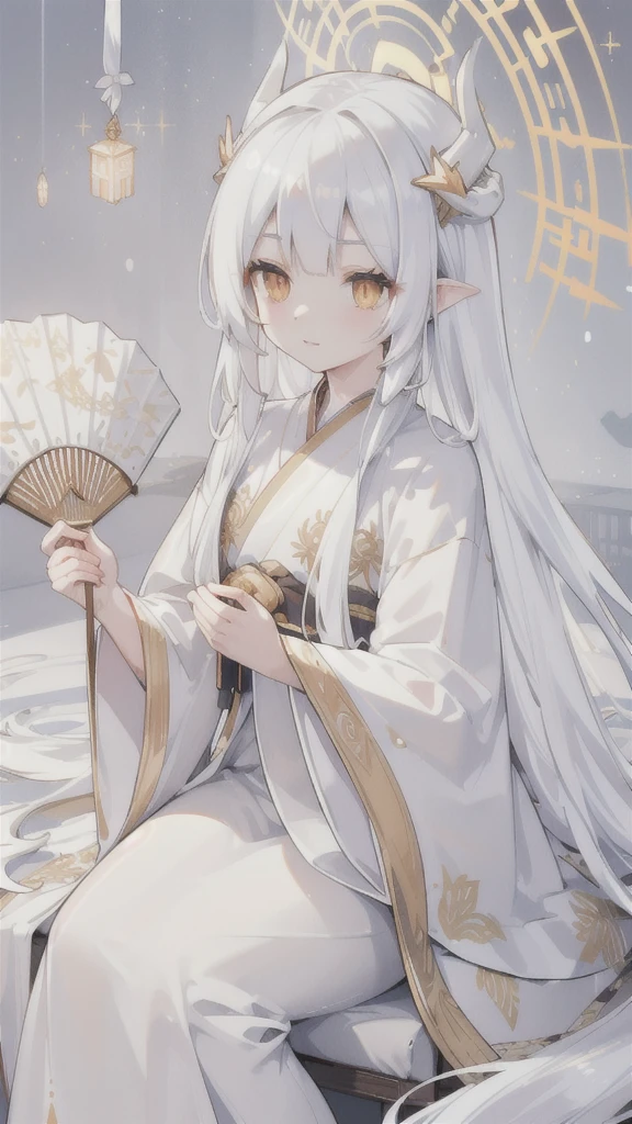 (best quality, highres, ultra-detailed:1.2), beautiful long white hair, stunning golden eyes, silver Hanfu armor, intricately designed white folding fan, white dragon horns, ethereal lighting, soft color palette