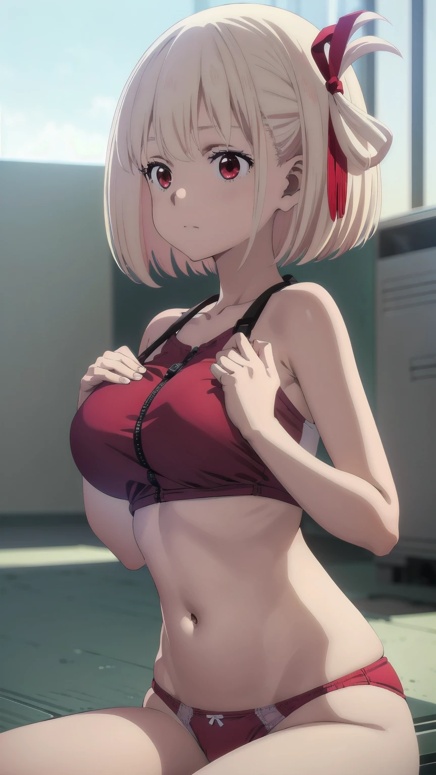 (((Pixel Perfect, Perfect detail))), (1 Girl, solo), chisato nishikigi, short hair, bangs, blonde hair, (red eyes:1.5), hair ribbon, one side up, bob cut, navel, bare shoulders, thighs, stomach, crop top, buruma, sportswear, zipper pull tab, red buruma, sports bikini, Sitting, (between breast:1.3), (Showing panties:1.3), whole body