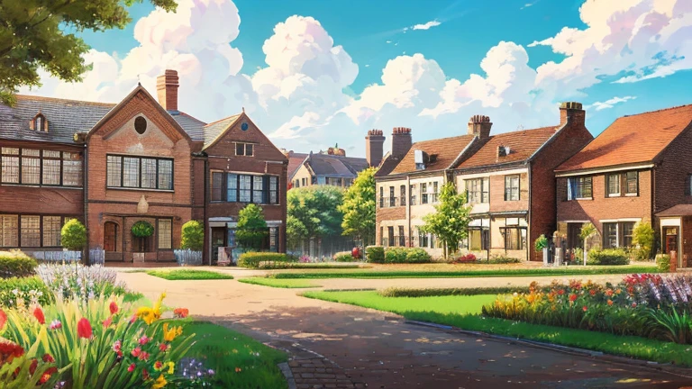 Anime Style,highest quality, masterpiece,field,colorful townscape, iris, Brick,Simple Background,