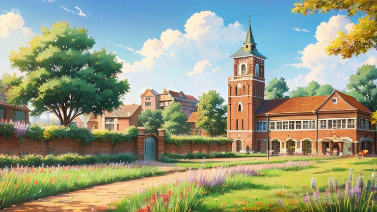 Anime Style,highest quality, masterpiece,field,colorful townscape,  iris, Brick,Simple Background,