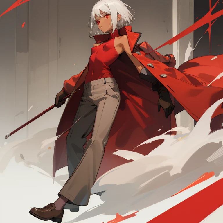 ((highest quality)), ((masterpiece)), (Familiar), Canaan, 1 girl, alone, Silver Hair,Brown Skin,Red eyes,Long trousers,Red sleeveless, thin,thin,short hair,Small breasts, Erect nipples, gloves, Long coat