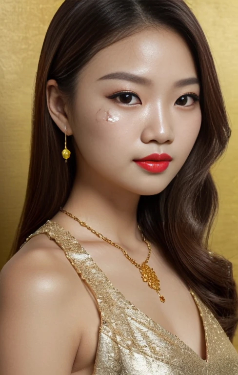 girl xinh: Asia, siêu dễ thương, stunningly beautiful, sparkling;
age: from 18-20 years old;
hair: copper orange color, smooth, lung linh dưới sunlight, rất detail;
skin: milk white, rosy and flawless;
Pores on real leather;
eye: jet black, (((true))), almond shaped, sexy, youthful, trong veo, siêu detail, elegant, charming, vivid makeup, fine, ((captivates the viewer's soul));
mí eye: delicate, delicate, Perfect Beauty;
eyebrow: cong, dear, high solution;
Face: beautiful, pure, beautiful like a fairy, Exquisite makeup, lovely, Perfect balance, đẹp đến từng detail, exquisite lines, ((there is a scar on his cheek));
nose: xinh, lovely, cao;
cheekbone: prominent;
lip: charming, light red lipstick, son bóng lovely;
răng: star moon;
ngực: full, deep slits, toning, vừa vặn với clothing ngực, Protruding nipples;
clothing ngực: Red tươi, gold embroidery, metallic luster;
Body shape: full, charming, full of youth;
accessory: ruby necklace, bông tai ruby;
clothing: silk fabric, Red, Has a white silk belt at the waist;
dress: tight, piercing, flatter your chubby figure;
Fashion style: high class female, Modern 2024, luxurious;
Image quality: non-NSFW, 8K CG HD, high solution, Super nice graphics, professional, detail, colourful, ultrafine, advanced techniques, RAW siêu true;
light: luxurious, projected from the front, Complicated, black gold tone;
sunlight: twinkle, illuminating the girl's body;
Wallpaper: xứ sở thần tiên, brilliant flower garden.
((Full body photo of the girl, siêu true, siêu detail, làm prominent các góc cạnh dưới sunlight chói chang)).