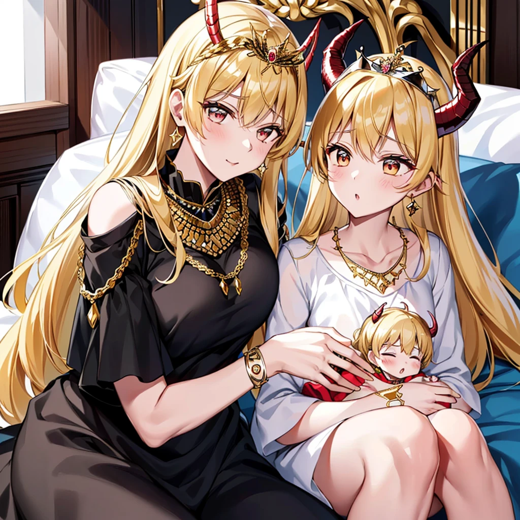 Wife, husband, daughter and baby、（((Women are１peopleだけ))）((best quality)), ((masterpiece)), (detailed), perfect face、Women areマジカルプリンセス、Holding the baby、Devil's horns grow、Ears become pointed and long、Earrings、Bracelet、necklace、Engagement Rings、Blonde、Feather hair ornament、Luxury accessories、Gorgeous tiara、Gold embroidery、（Black Veil）、The Demon Queen&#39;s Crown、衣服にGold embroidery、（black luxury dress）、Women are大魔王妃、Women are１people、((Cuddling with a man))、Stay close to your husband、Family photo、（((50 year old husband and 24 year old wife、５Year-old daughter and baby))）、Family Harmony、Marital harmony、((My 50-year-old husband is the Demon King、Devil horns growing))、((５歳の少Women are娘))、Husband and wife sit side by side on the throne、Husband and wife kissing、Husband and wife love each other