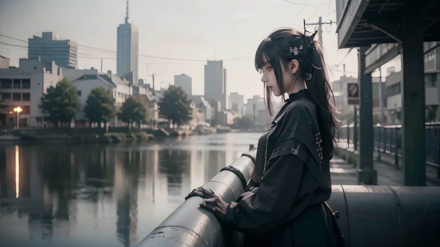 Floating Medium Hair, Gothic Punk, Goth Fashion, (Depth of written boundary:1.4), Deep Shadow, Cinema Lighting