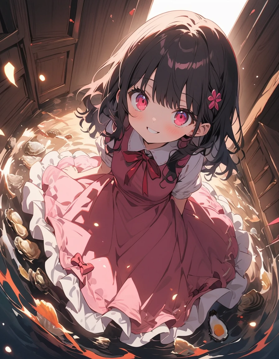 (masterpiece),(highest quality), figure, (Fantasy:1.4), Gray wavy hair, Long eyelashes, Round eyes, smile, (cherry blossoms:1.2)、(oysters:1.8)、(美味しいOceanの幸)、(清浄Ocean域アジワ)、(Warm Beach)、(Ocean)、Surrealism, Anaglyph, Stereogram, Atmospheric perspective, 8k, Super Detail, Accurate, highest quality, 超High resolution, Textured skin, Pale maroon frilled dress, (pastel colour) , paper_cut、(highest quality、masterpiece、High resolution、detailed)、animeスタイル、Flat Style、(Shining Eyes、detailed美しい顔),  BREAK,1 girl、extremely detailed(The Shining), Best lighting, Best Shadow、floating, (High saturation),Dynamic Angle、anime
