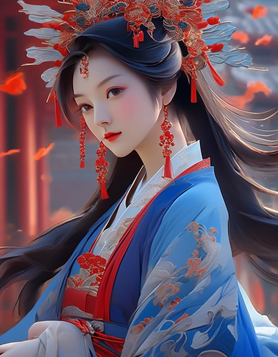 digital art of A close-up of a woman wearing red and Klein blue dress and holding a fan, background: blue, exquisite digital illustration, palace, girl in Chinese clothes, hot on the cgstation, beautiful rendering of the Tang Dynasty, beautiful digital illustration, beautiful digital art work, inspired by Lanying, inspired by Pu Hua, beautiful fantasy queen, amazing digital illustration, elegant digital art, a beautiful artistic illustration,a beautiful painting by Tan Yin,Lyrical Abstraction, Ethereal Fantasy, Laser-Cut,high detail,hyper quality,high resolution,16K,depth of field (dof),Waist Shot(WS),close up,Soft illumination,