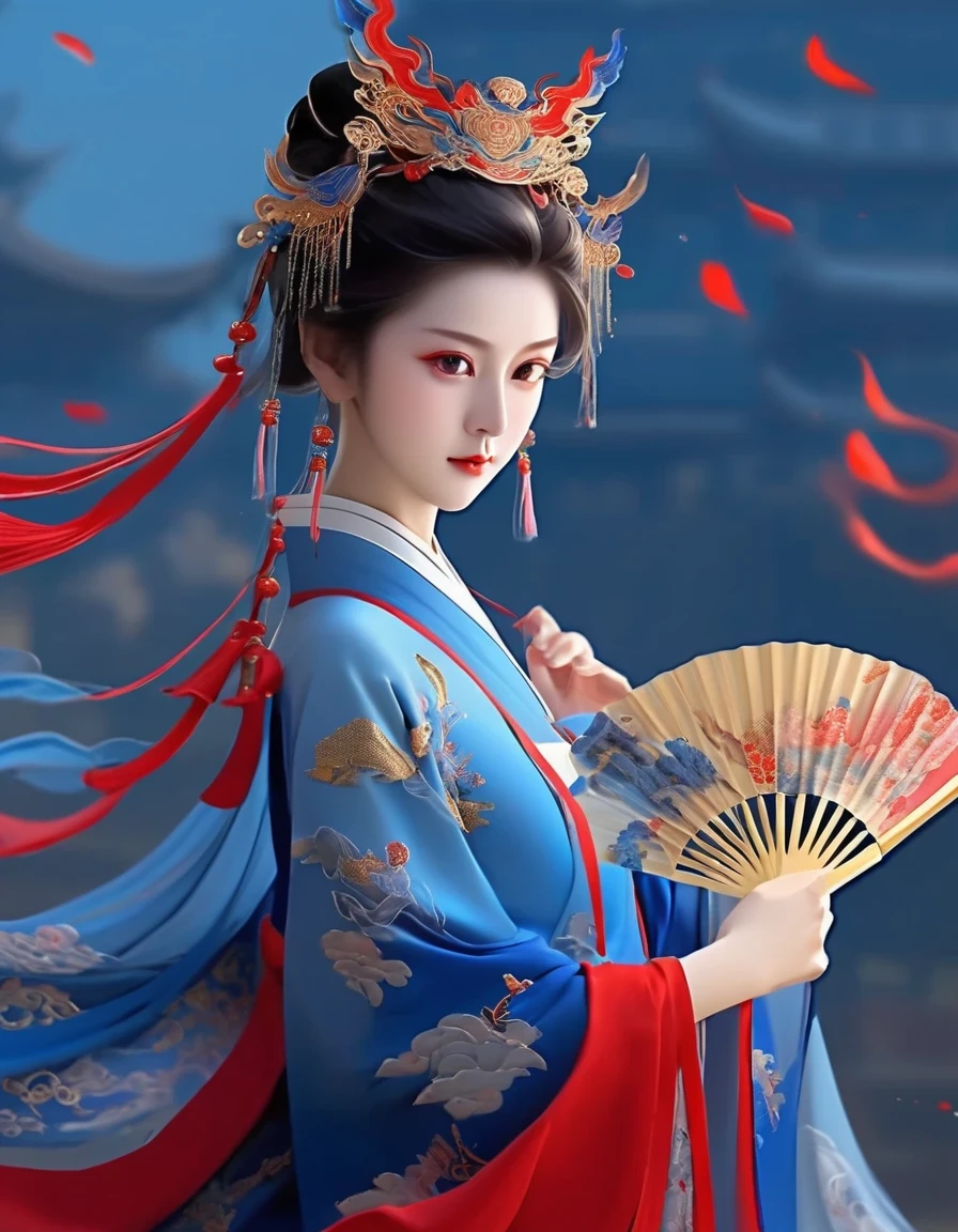 digital art of A close-up of a woman wearing red and Klein blue dress and holding a fan, background: blue, exquisite digital illustration, palace, girl in Chinese clothes, hot on the cgstation, beautiful rendering of the Tang Dynasty, beautiful digital illustration, beautiful digital art work, inspired by Lanying, inspired by Pu Hua, beautiful fantasy queen, amazing digital illustration, elegant digital art, a beautiful artistic illustration,a beautiful painting by Tan Yin,Lyrical Abstraction, Ethereal Fantasy, Laser-Cut,high detail,hyper quality,high resolution,16K,depth of field (dof),Waist Shot(WS),close up,Soft illumination,