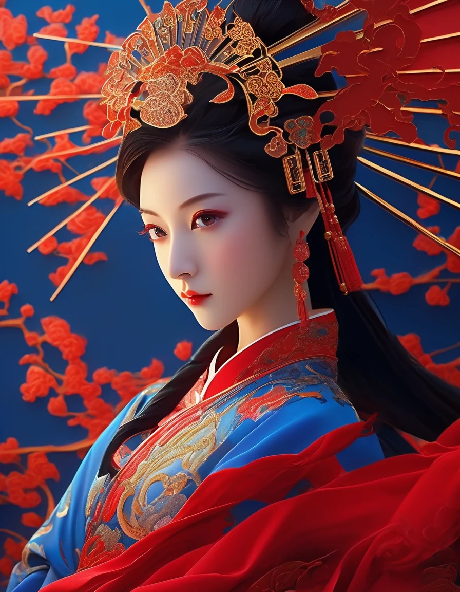 in style of Maximalism , portrait,digital art of A close-up of a woman wearing red and Klein blue dress and holding a fan, background: blue, exquisite digital illustration, palace, girl in Chinese clothes, hot on the cgstation, beautiful rendering of the Tang Dynasty, beautiful digital illustration, beautiful digital art work, inspired by Lanying, inspired by Pu Hua, beautiful fantasy queen, amazing digital illustration, elegant digital art, a beautiful artistic illustration,a beautiful painting by Tan Yin,Lyrical Abstraction, Ethereal Fantasy, Laser-Cut,high detail,hyper quality,high resolution,16K,depth of field (dof),Waist Shot(WS),close up,Soft illumination,