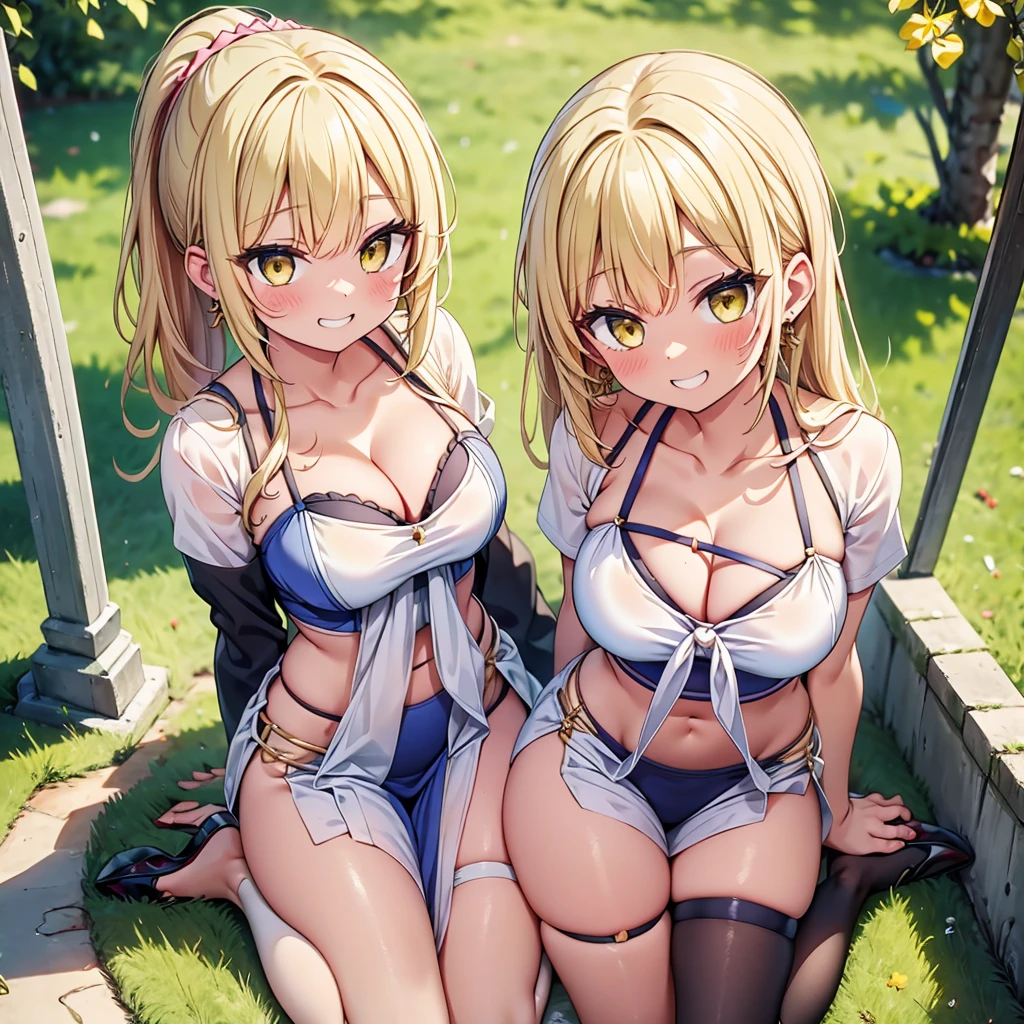 highest quality,wonderful,finely,extremely detailed CG Unity 8K wallpaper, (Stand in line:1.2), (3 girls, cute eyes, blonde, Yellow Eyes, Low Ponytail, Scrunchie, Earrings, Wicked Smile, clothed), (Grin:1.1), ((Brown Skin:1.2), (large breasts), (wariza:1.4), (cleavage), (black stockings:1.1),(Thighs:1.2),(Waistline:1.1),(Waistline), (From above:1.4)