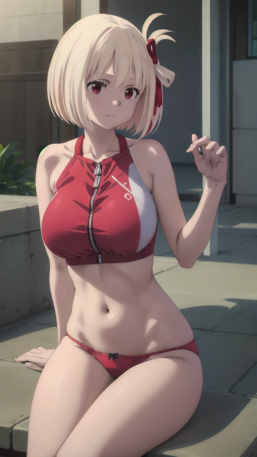 (((Pixel Perfect, Perfect detail))), (1 Girl, solo), chisato nishikigi, short hair, bangs, blonde hair, (red eyes:1.5), hair ribbon, one side up, bob cut, navel, bare shoulders, thighs, stomach, crop top, buruma, sportswear, zipper pull tab, red buruma, sports bikini, Sitting, (between breast:1.3), (Showing panties:1.3), whole body