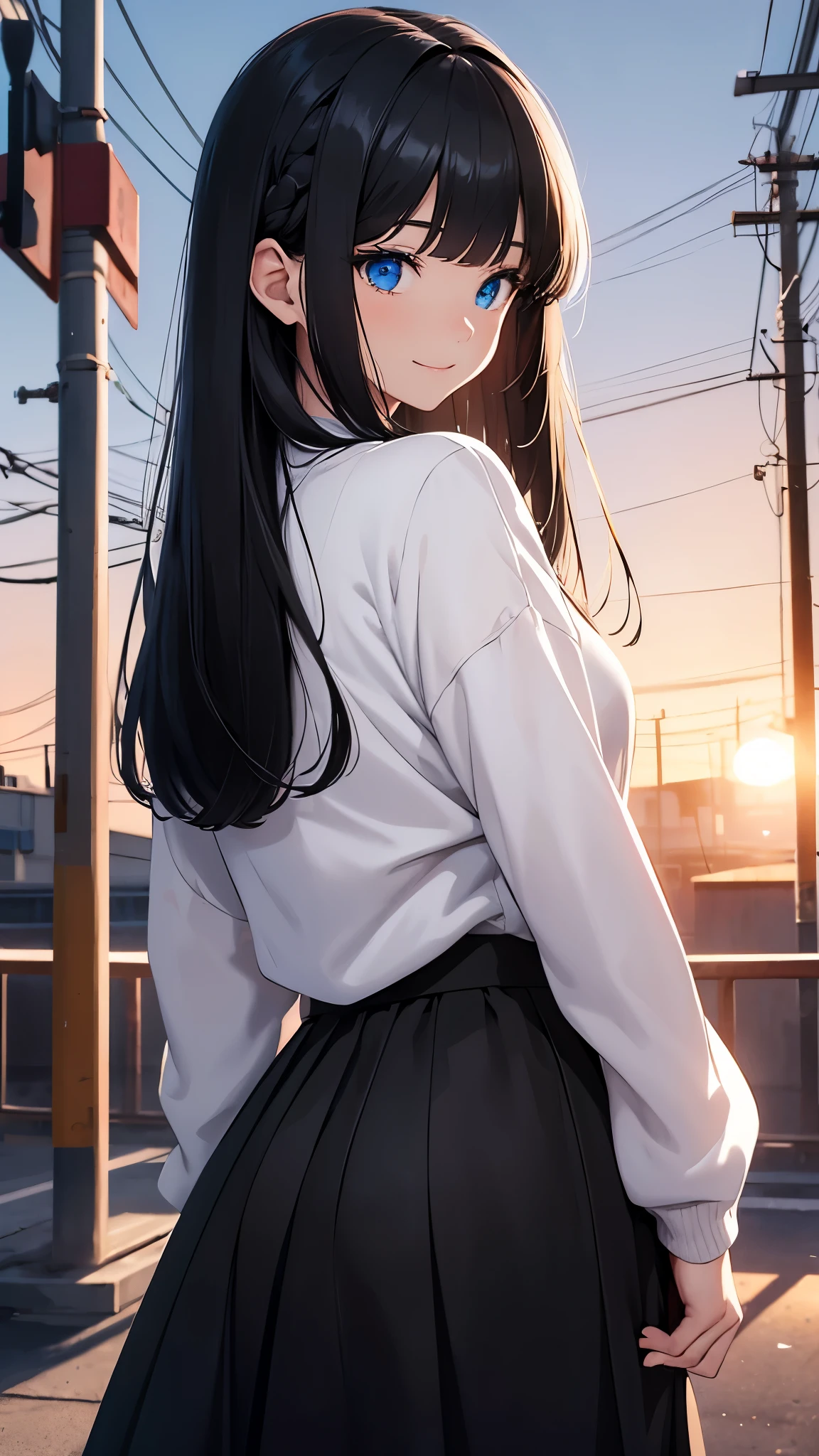 CG, unity, 8k, wallpaper, highest quality, masterpiece, A woman with a gentle impression, (smile: 1.1), (long black hair, trimmed bangs, Hairstyle called Hime cut: 1.5), BREAK, white skin, BREAK, deep blue eyes, BREAK, white sweater, BREAK, black long skirt, BREAK, best lighting, complex pupils, complex textile, detailed background, Residential area, outdoor, (((evening, Nostalgic and ephemeral atmosphere, dyed in the sunset))), back view, turn around and look at the viewer