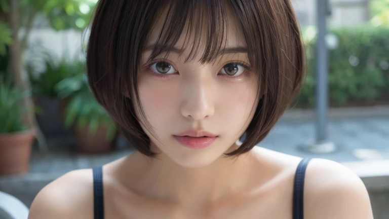 (Bob Cut Hair:1.2),(Wear a black tube top bra:1.2),1 girl,Japanese,21 years old,(Small breasts:1.3),(highest quality,masterpiece:1.3,超A high resolution,),(Ultra-detailed,Caustics),(Photorealistic:1.4,RAW shooting,)Ultra-Realistic Capture,Very detailed,High resolution 16K human skin close-up。 Natural skin texture、,Pores、、It needs to be detailed enough to be easily identifiable。 Skin should be even-toned and healthy looking。 Use natural light and colour, Sad expression, Looking at the camera, Perfect dynamic composition, Outdoor