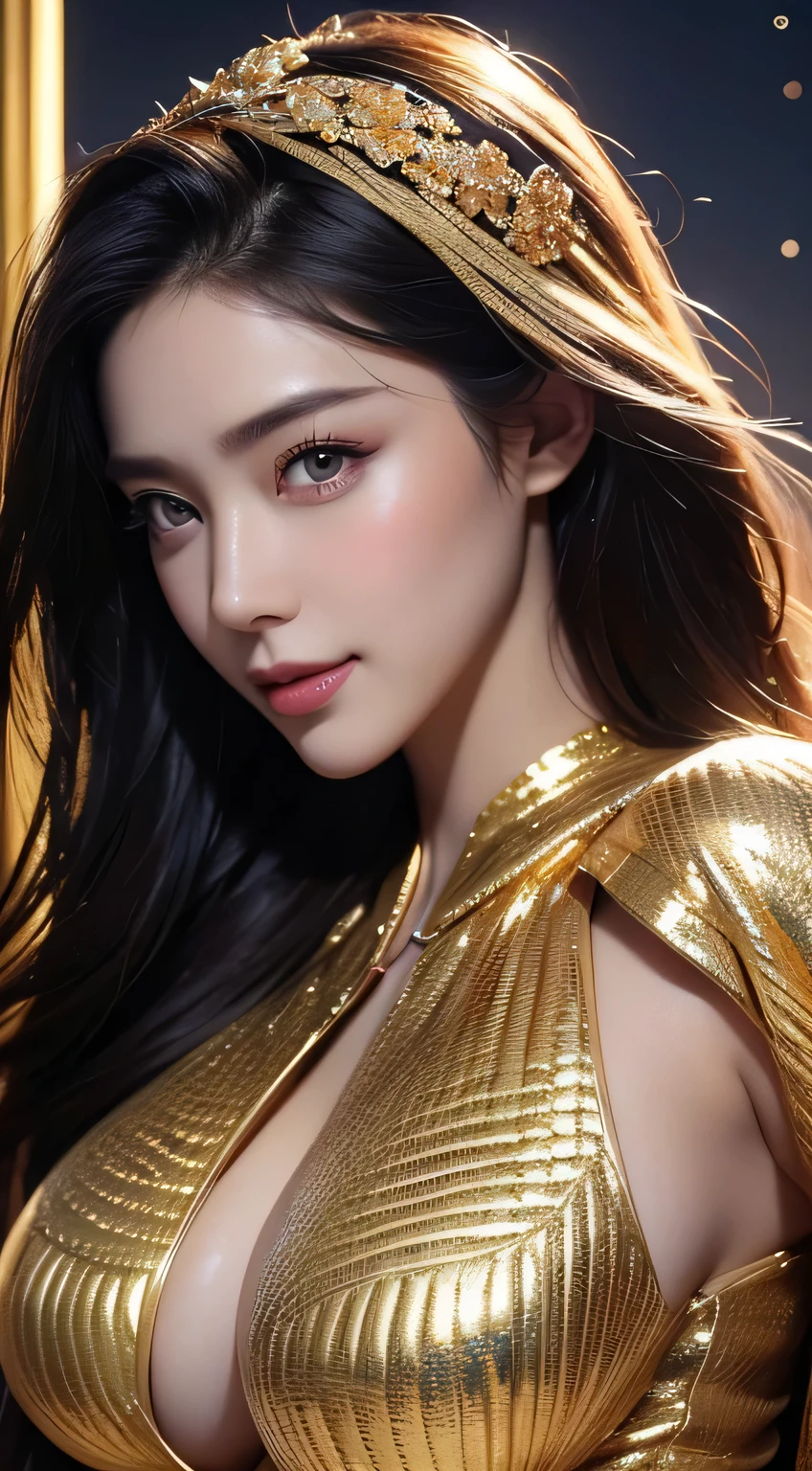 gold-black outline of the intricate(flame patterns, emboss)on body(shiny)beautiful woman(colored body) medium long shot, upper body, studio light, subtle flame background, incredibly detail, low key light