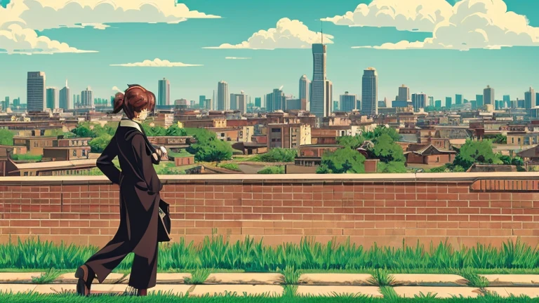 Anime Style,highest quality, masterpiece,field,Retro townscape, iris, Brick,Simple Background, classical