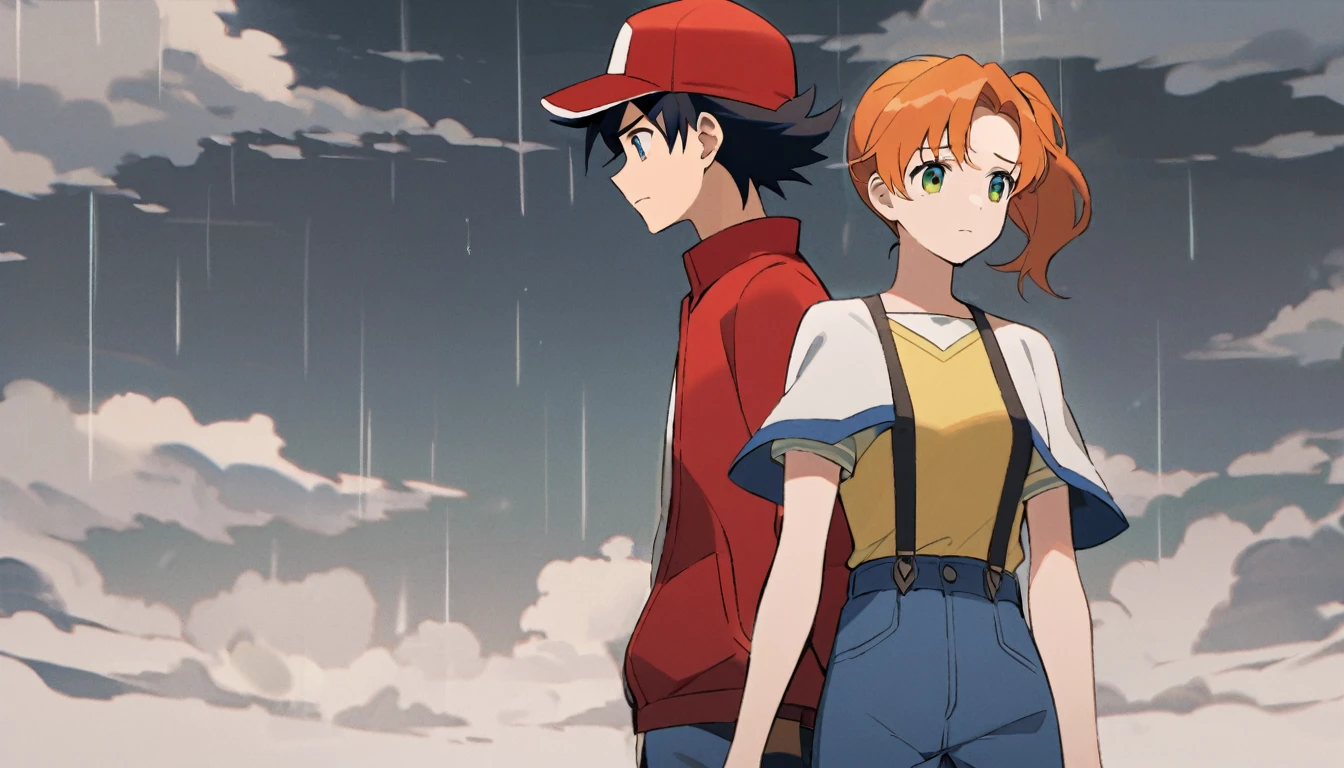 ash ketchum, red baseball cap, open blue jacket, black t-shirt, white jacket neck, white short sleeves jacket, blue jeans, green fingerless gloves, black hair, his brown eyes aren't seen, head down
misty pokémon, orange hair, green eyes, side ponytail, yellow sleeveless cropped shirt, red suspenders, blue jeans shorts, she's almost crying of sadness, she's turning away from him
a 18 years old couple, rainy day, grey clouds, sad faces, back to back, they are turning their backs walking away from each other.