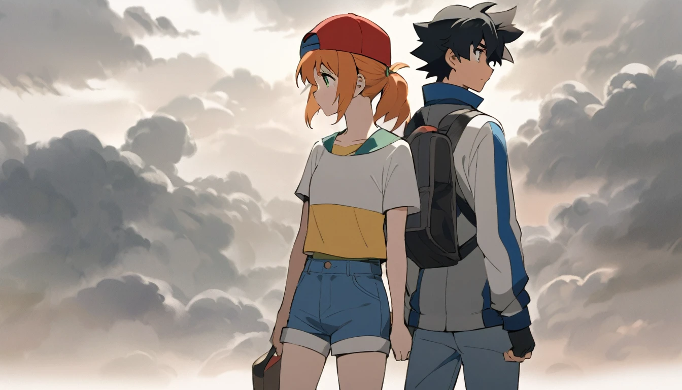 ash ketchum, red baseball cap, open blue jacket, black t-shirt, white jacket neck, white short sleeves jacket, blue jeans, green fingerless gloves, black hair, his brown eyes aren't seen, head down

misty pokémon, orange hair, green eyes, side ponytail, yellow sleeveless cropped shirt, red suspenders, blue jeans shorts, she's almost crying of sadness, she's turning away from him

a 18 years old couple, rainy day, grey clouds, sad faces, back to back, they are turning their backs walking away from each other.