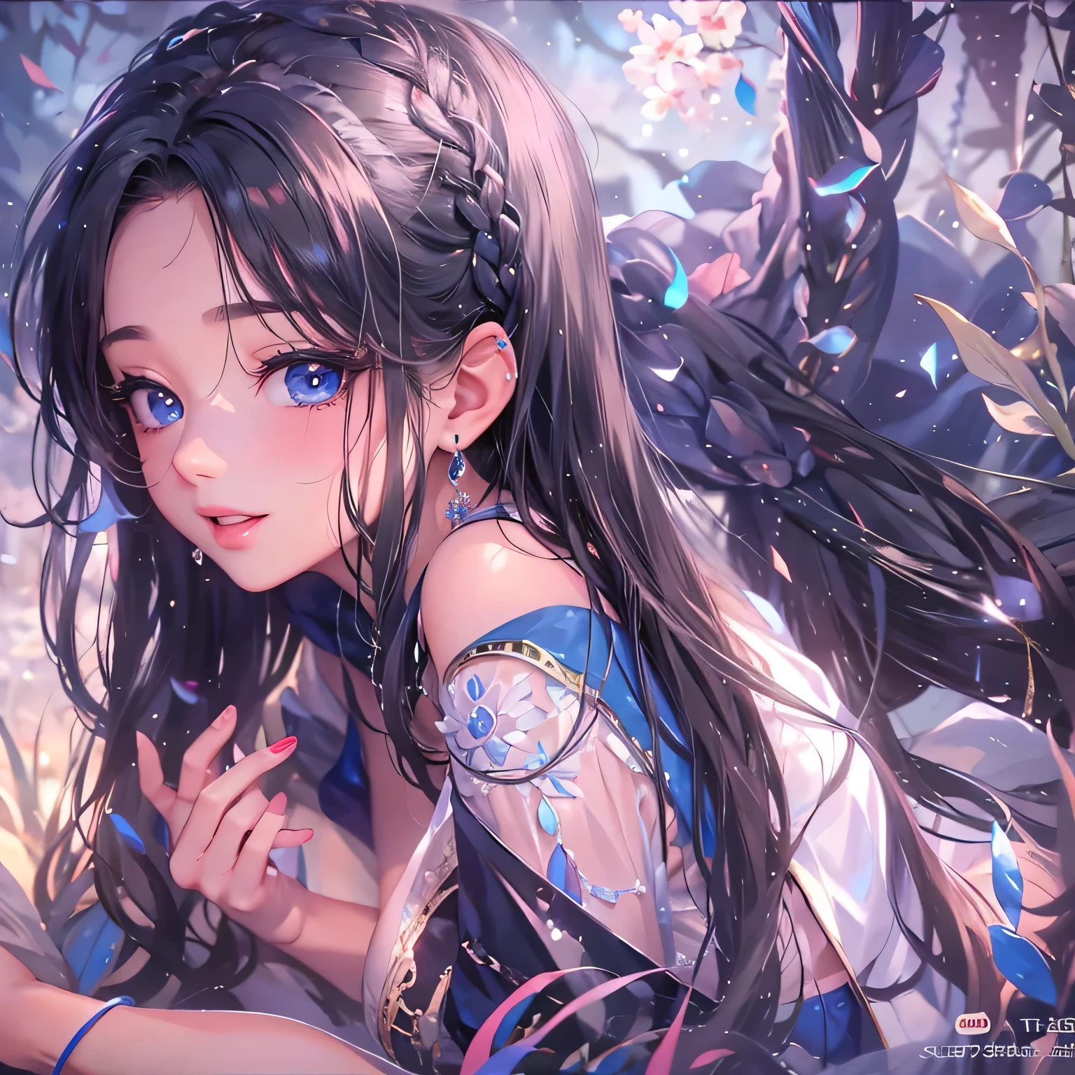 masterpiece、highest quality、High resolution、High-quality images、8k, 1 female、Skin Radiance、Texture of skin and clothing、Expression of fine eyes、Shiny light black hair,Girl with long braided hair, Manga inspired by Lee Jong-suk, Trending on deviantart, realism, detailed manga style, Manga art style, Perfect Line Drawing, Beautiful line art, digital manga art girl, K-POPアイドル, one piece,Large Breasts,Beautiful dark blue eyes, Lips become thicker, Gorgeous face with attention to detail, (Cute Smile), charm, Innocent, Side view, (Perfectly detailed face), (Beautiful Hands) Photorealistic images, Written boundary depth, Princess Hairstyles, Lying on the grass ,Romanticism,