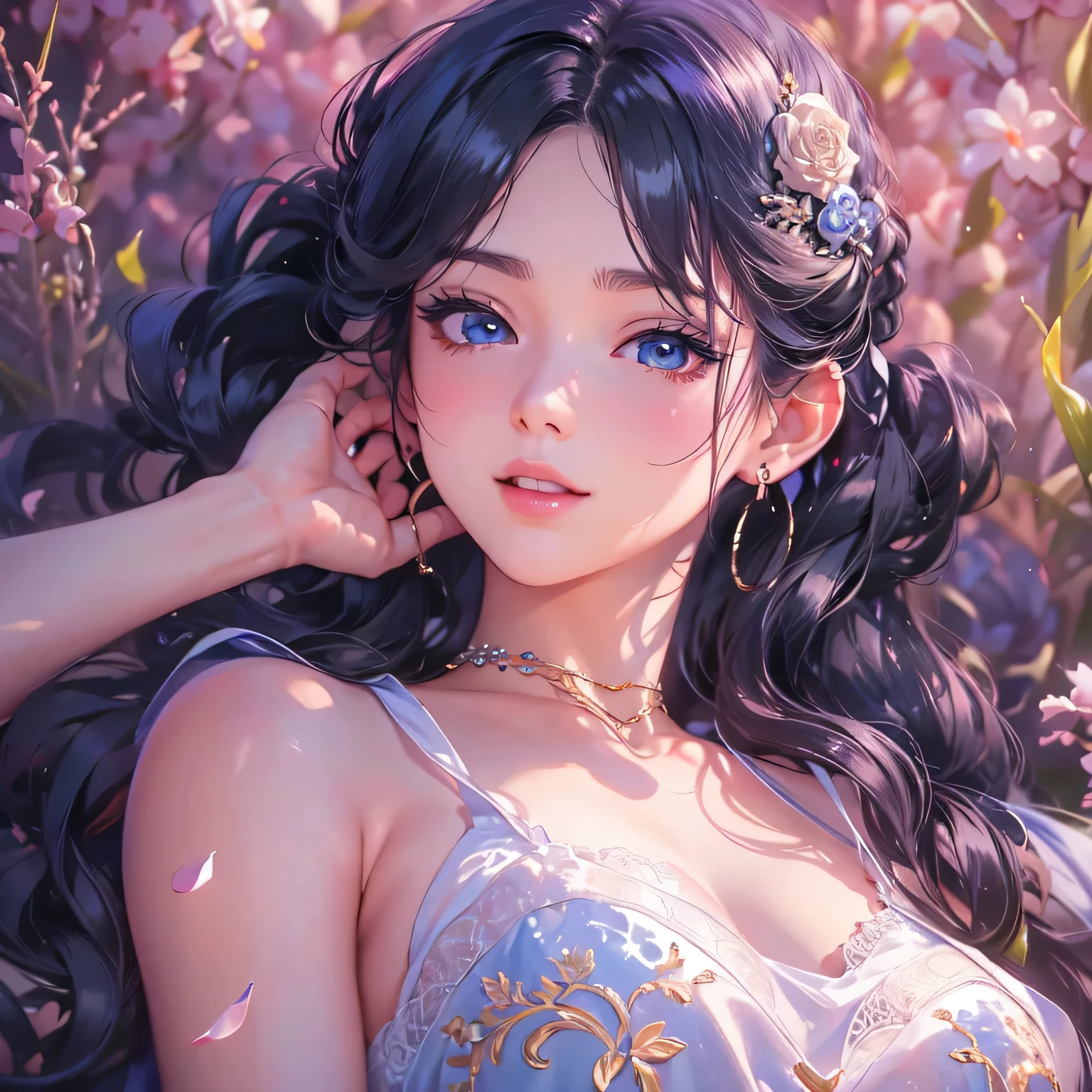 masterpiece、highest quality、High resolution、High-quality images、8k, 1 female、Skin Radiance、Texture of skin and clothing、Expression of fine eyes、Shiny light black hair,Girl with long braided hair, Manga inspired by Lee Jong-suk, Trending on deviantart, realism, detailed manga style, Manga art style, Perfect Line Drawing, Beautiful line art, digital manga art girl, K-POPアイドル, one piece,Large Breasts,Beautiful dark blue eyes, Lips become thicker, Gorgeous face with attention to detail, (Cute Smile), charm, Innocent, Side view, (Perfectly detailed face), (Beautiful Hands) Photorealistic images, Written boundary depth, Princess Hairstyles, Lying on the grass ,Romanticism,