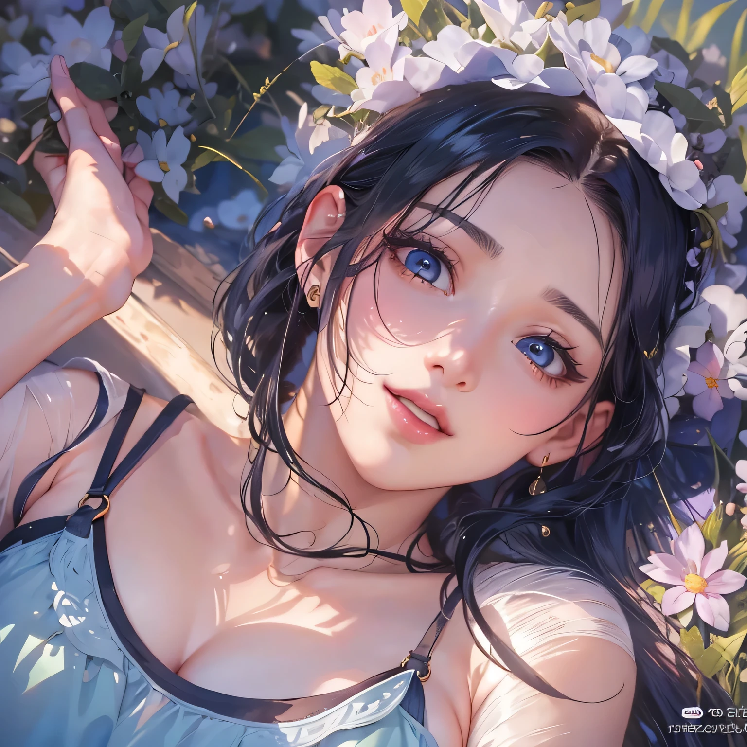 masterpiece、highest quality、High resolution、High-quality images、8k, 1 female、Skin Radiance、Texture of skin and clothing、Expression of fine eyes、Shiny light black hair,Girl with long braided hair, Manga inspired by Lee Jong-suk, Trending on deviantart, realism, detailed manga style, Manga art style, Perfect Line Drawing, Beautiful line art, digital manga art girl, K-POPアイドル, one piece,Large Breasts,Beautiful dark blue eyes, Lips become thicker, Gorgeous face with attention to detail, (Cute Smile), charm, Innocent, Side view, (Perfectly detailed face), (Beautiful Hands) Photorealistic images, Written boundary depth, Princess Hairstyles, Lying on the grass ,Romanticism,