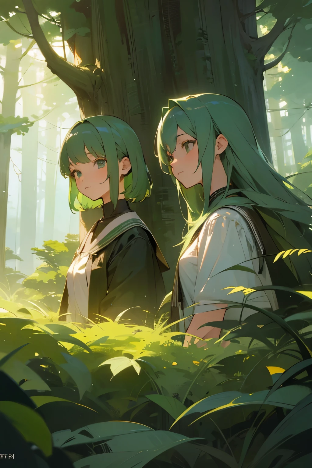 highest quality, masterpiece, High resolution, Two Girls, Beautiful and perfect face, Shortcuts, , Intricate details, Cinematic feel, 8k, Very detailed,Anime Style,Green Hair,whole body,The view is forest,high school student