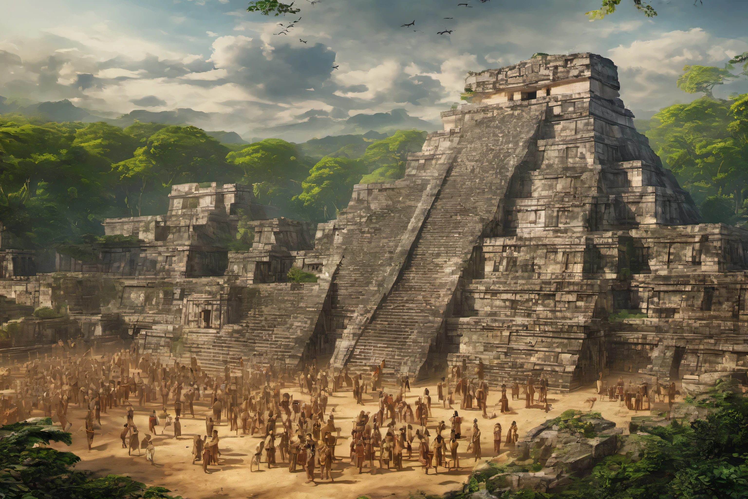 (masterpiece, best quality:1.2) Maya civilization practicing an ancient sport, Immerse yourself in a breathtakingly detailed and photorealistic depiction of a Mayan ritual centered around an ancient sport. Envision the grand ballcourt of Chichen Itza, meticulously recreated with the highest resolution and fidelity. Teams of skilled athletes, rendered with lifelike precision, compete in a thrilling game of "pok-ta-pok" as the crowd looks on in awe. Every aspect of the scene, from the intricate carvings on the stone walls to the subtle textures of the athletes' attire, is captured with unparalleled realism. The warm sunlight filters through the trees, casting soft shadows that dance across the ancient playing field. Spectators, with expressions of anticipation and excitement, fill the stands, their faces rendered with intricate detail. This digital masterpiece transports you to the heart of the Mayan civilization, allowing you to experience the intensity and beauty of this ancient sport with unparalleled clarity and authenticity, cinematic lighting, multiple views, Wide-Angle, Ultra-Wide Angle, 135mm, f/1.8, Canon, UHD, retina, masterpiece, super detail, award winning, best quality, 8K