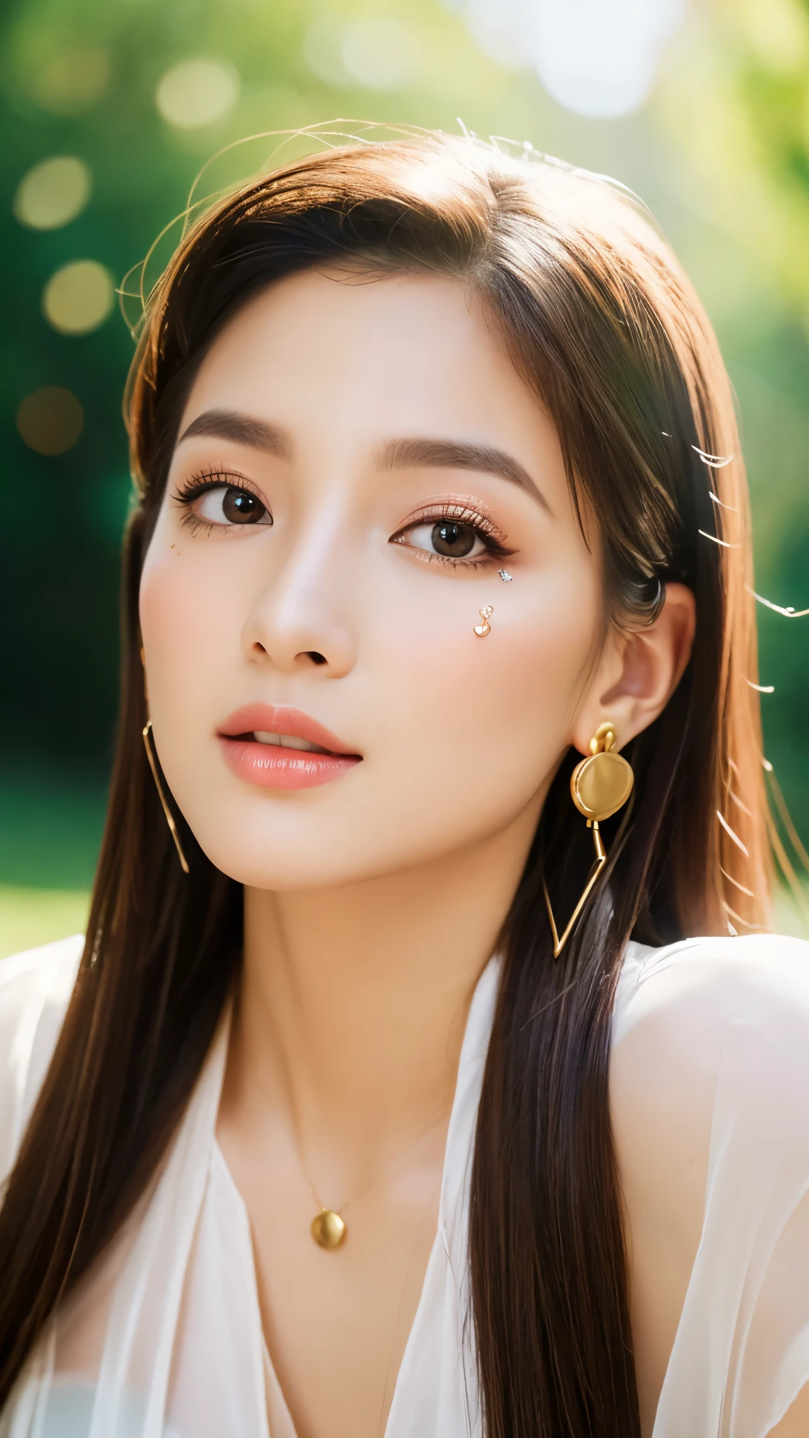beautiful girl: Asia, Super cute;
age: 18-20 years old;
hair: Bronze Orange, Smooth, shimmering in the Sunlight, very detailed;
skin: Ivory white, Flawless and rosy;
Pores on the skin;
Eye: jet black, ((Practical)), Almond-shaped, Sexy, young, Clear, ((super detailed)), elegant, Tempting, vivid makeup, sharp, ((attractive viewer's soul));
eyelid: Beautifully, Beautifully, perfectly fair;
Eyebrow: Arch, sparse, sharp;
Face: fair, pure, fair like a fairy, Beautifully makeup, charming, Perfect balance, fair in every detail;
nose: beautiful, charming, High;
cheekbones: famous;
Lips: Tempting, light Red Lipstick, charming lip gloss;
teeth: Moon Crystal;
breast: Large target，full, Deep Crack, company, fits OK well, Nipple protrusion;
OK: bright Red, Gold thread embroidery, Metal;
Body: full, attractive, full of youth;
Accessories: ruby necklace, ruby earrings;
shirt: Silk fabric, Red, A white silk belt around the waist;
skirt: Tight, transparent, charmingfull身材;
trendy style: High-end women, Hyundai 2024, luxurious;
Photo quality: Non-NSFW, 8K CG HD, sharp, super fair graphics, professional, detailed, viOKnt colors, super Smooth, advanced technology, super Practical RAW;
light: luxurious, front, complex, Black and gold tones;
Sunlight: Glittering, illuminating the girl's Body;
Visual effect: Practical, magic, extremely High resolution;
background: wonderland, colorful garden.
((Close-up photo of the girl's Face, Practical, super detailed)).