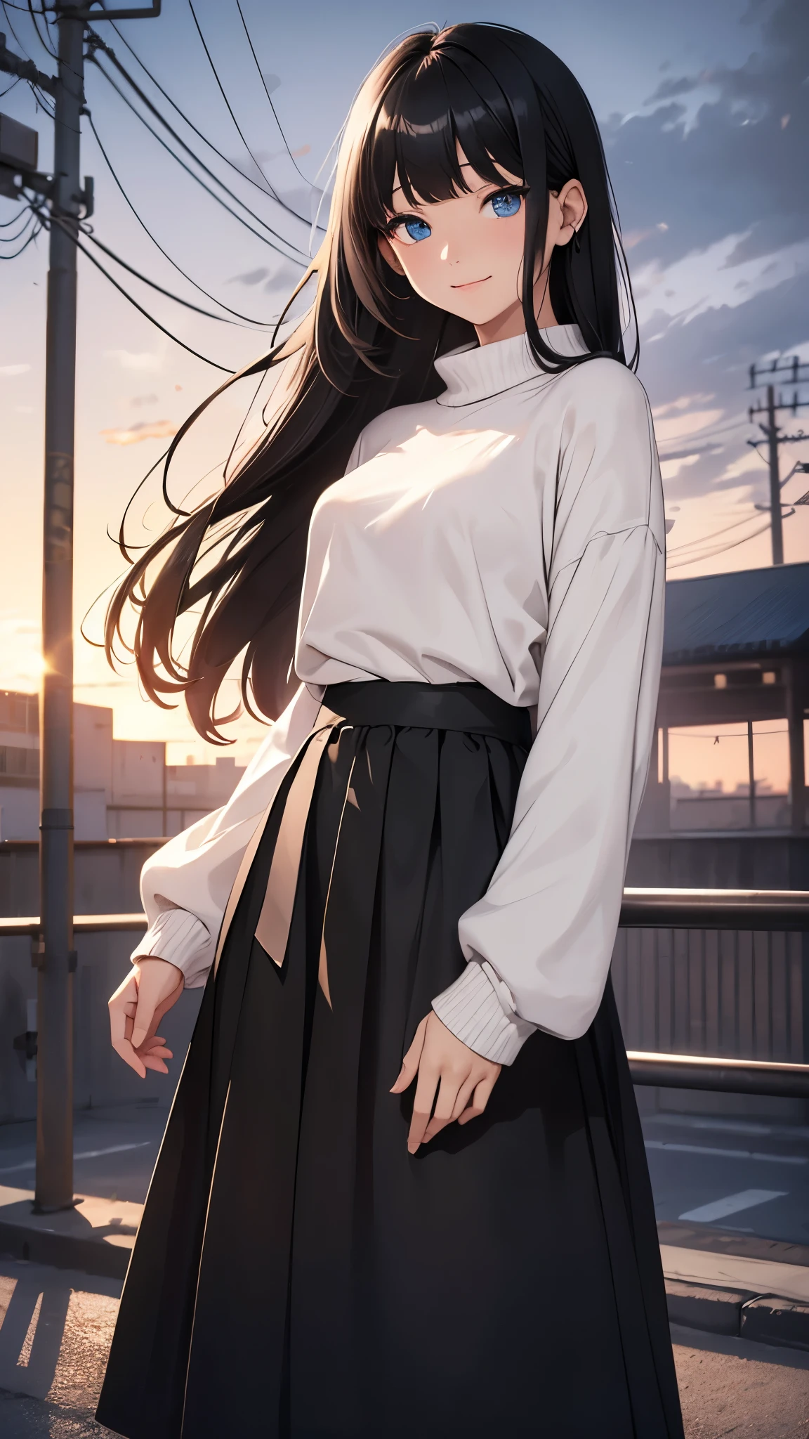 CG, unity, 8k, wallpaper, highest quality, masterpiece, A woman with a gentle impression, (smile: 1.1), (long black hair, trimmed bangs, Hairstyle called Hime cut: 1.5), BREAK, white skin, BREAK, deep blue eyes, BREAK, white sweater, BREAK, black long skirt, BREAK, best lighting, complex pupils, complex textile, detailed background, Residential area, outdoor, (((evening, Nostalgic and ephemeral atmosphere, dyed in the sunset))), back view, turn around and look at the viewer