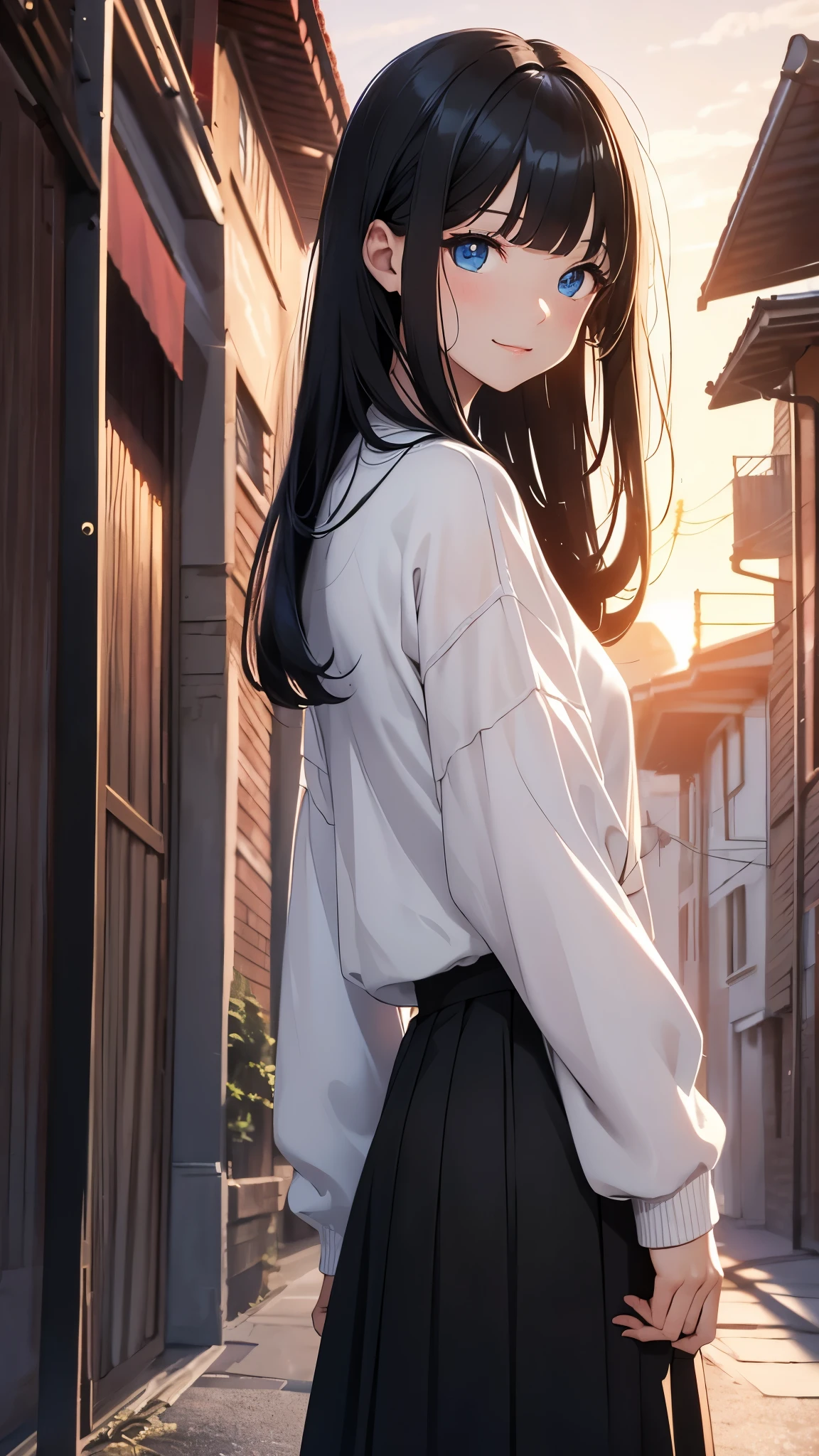 CG, unity, 8k, wallpaper, highest quality, masterpiece, A woman with a gentle impression, (smile: 1.1), (long black hair, trimmed bangs, Hairstyle called Hime cut: 1.5), BREAK, white skin, BREAK, deep blue eyes, BREAK, white sweater, BREAK, black long skirt, BREAK, best lighting, complex pupils, complex textile, detailed background, Residential area, outdoor, (((evening, Nostalgic and ephemeral atmosphere, dyed in the sunset))), back view, turn around and look at the viewer