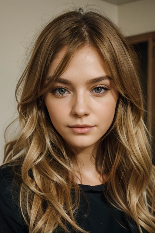 A pretty, sympathische junge Frau mit langen, goldblonden Locken und braunen Augen