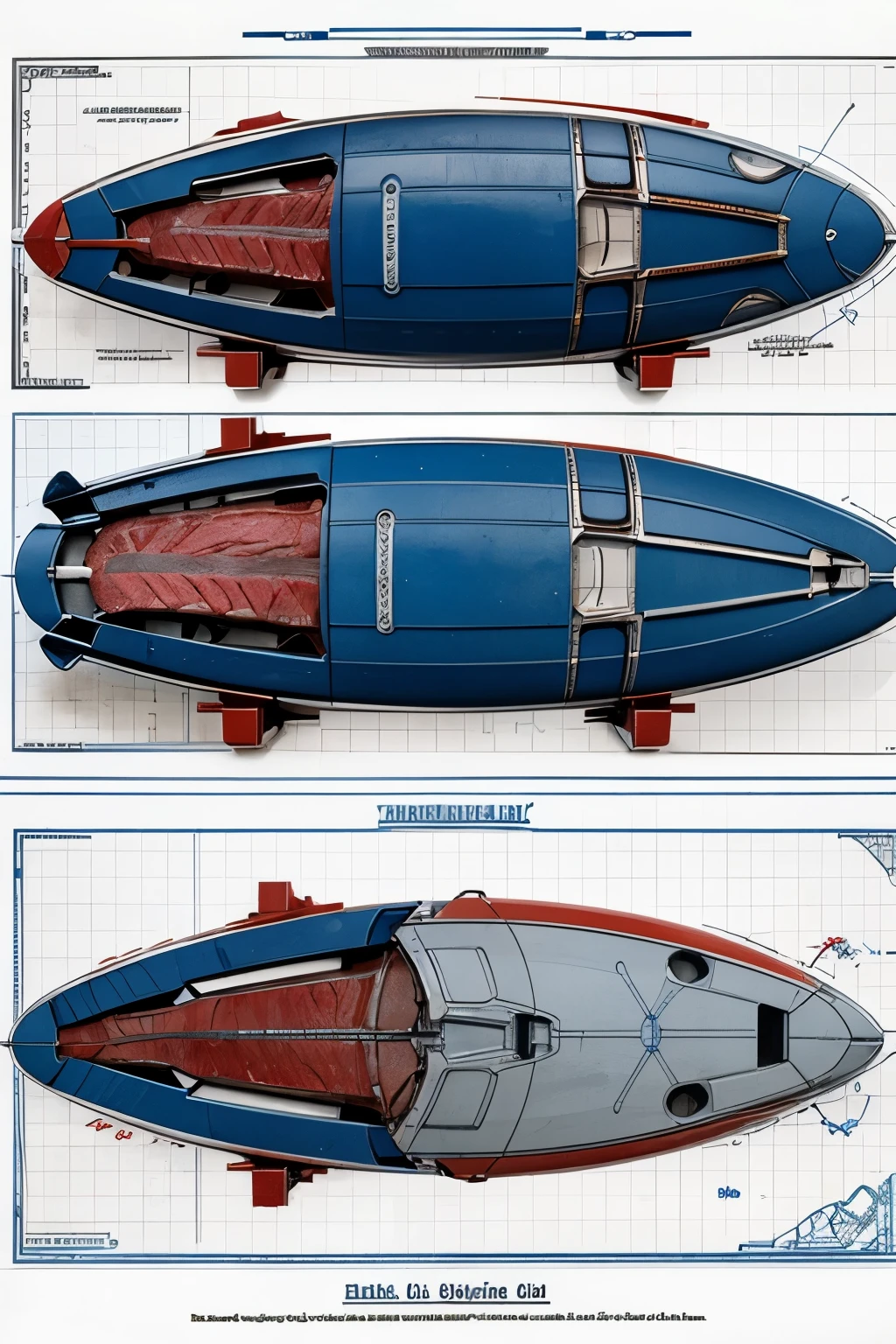 Highly detailed technical drawing of a red steak and a blue water drop the water drop is very bigger than the steak The illustrations should include a side view, cross-sections, and exploded views to show both the exterior and interior components. Labeled parts with annotations specifying materials, dimensions, and other engineering specifications. Style vintage engineering blueprint, and educational intent