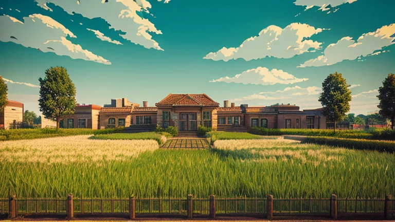 Anime Style,highest quality, masterpiece,field,Retro townscape,  Fantasy, Brick,Simple Background, classical