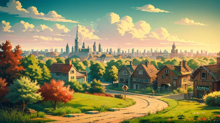 Anime Style,highest quality, masterpiece,field,Retro townscape, Fantasy, Brick,Simple Background, classical