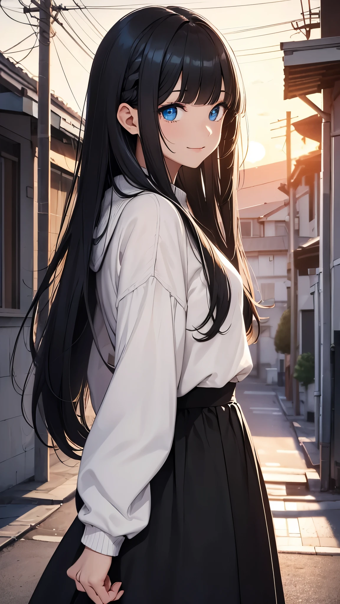 CG, unity, 8k, wallpaper, highest quality, masterpiece, A woman with a gentle impression, (smile: 1.1), (long black hair, trimmed bangs, Hairstyle called Hime cut: 1.5), BREAK, white skin, BREAK, deep blue eyes, BREAK, white sweater, BREAK, black long skirt, BREAK, best lighting, complex pupils, complex textile, detailed background, Residential area, outdoor, (((evening, Nostalgic and ephemeral atmosphere, dyed in the sunset))), back view, turn around and look at the viewer
