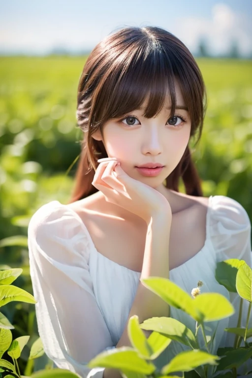 Close-up of an adult woman in a tie and shirt, Real life anime girls, Beautiful anime school girl, Korean Girls, Realistic young anime girl, Ulzzang, a Surreal 女子大生かわいいナチュラルなアニメの顔, Cute Anime Girl, Neat hairstyle with bangs, Sheet Hair Anime Girl, pretty girl, Surreal (masterpiece, highest quality),One girl with long white hair sitting in a field of green plants and flowers, She placed her hand under her chin, Warm lighting, White Dress, Blurred foreground