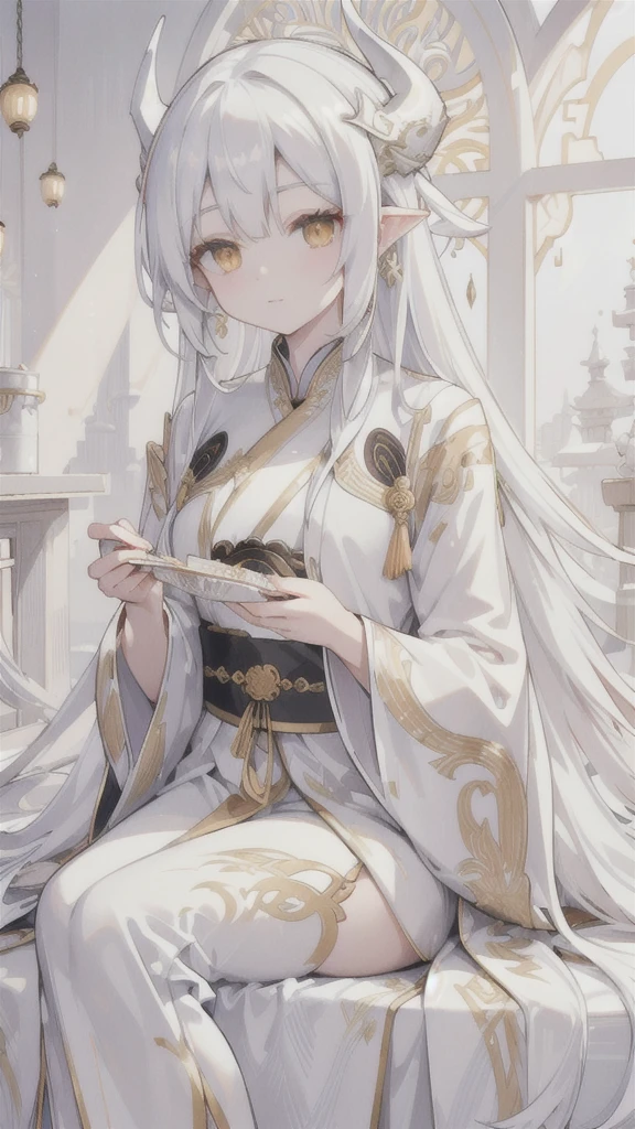 (best quality, highres, ultra-detailed:1.2), beautiful long white hair, stunning golden eyes, silver Hanfu armor, intricately designed white folding fan, white dragon horns, ethereal lighting, soft color palette