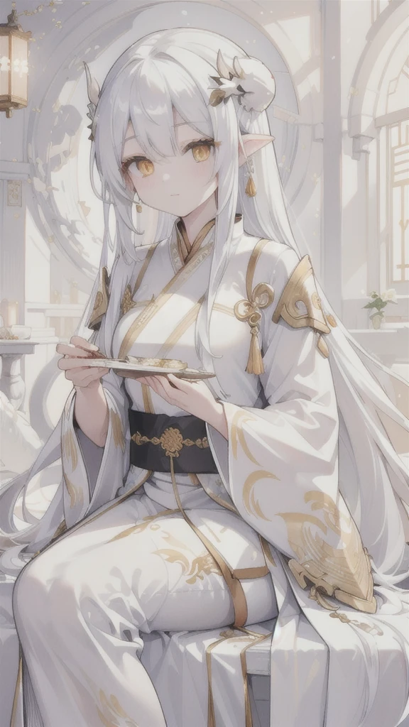 (best quality, highres, ultra-detailed:1.2), beautiful long white hair, stunning golden eyes, silver Hanfu armor, intricately designed white folding fan, white dragon horns, ethereal lighting, soft color palette