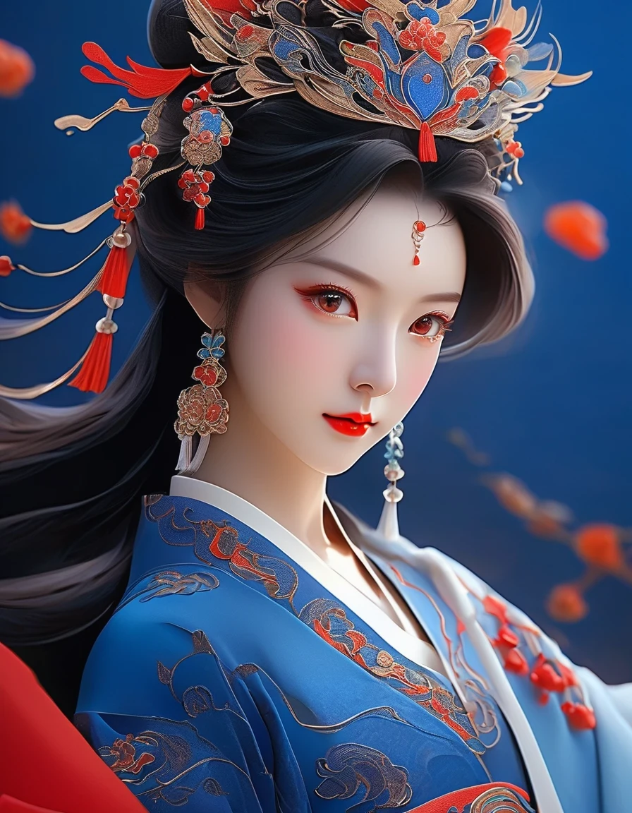 in style of Maximalism , portrait,digital art of A close-up of a dress woman in red and klein blue, background: blue, exquisite digital illustration, palace, girl in hanfu, hot on the cgstation, beautiful rendering of the tang dynasty, beautiful digital illustration, beautiful digital art work, inspired by lanying, inspired by puhua, beautiful fantasy queen, amazing digital illustration, elegant digital art, a beautiful art illustration,a beautiful painting by Tan Yin,Lyrical Abstraction, Ethereal Fantasy, Laser-Cut,high detail,hyper quality,high resolution,16K,depth of field (dof),Waist Shot(WS),close up,Soft illumination,